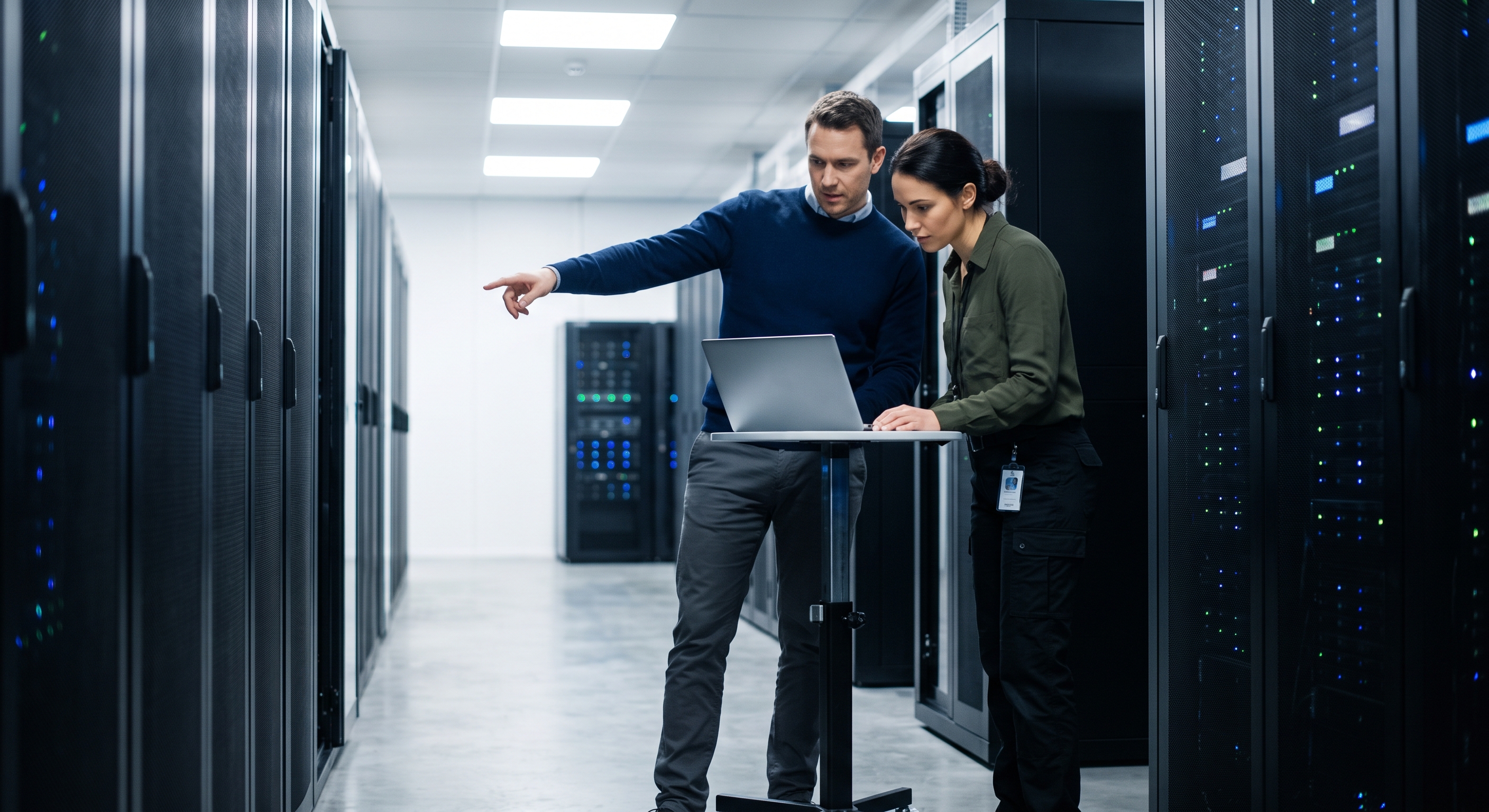 Two colleagues reviewing a laptop together in a bright data center aisle