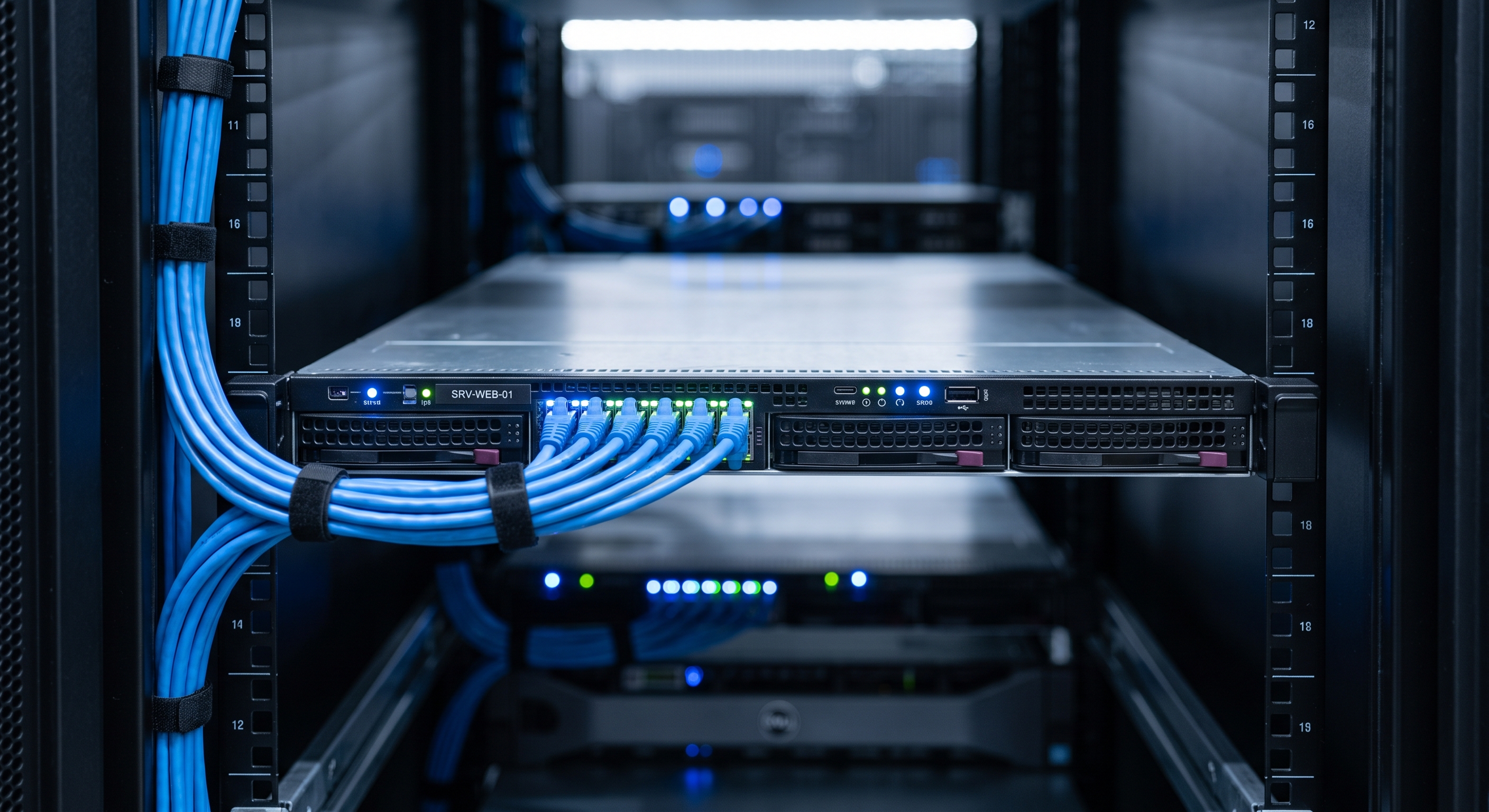 A close-up of a rack-mounted server with network cables connected to its front ports