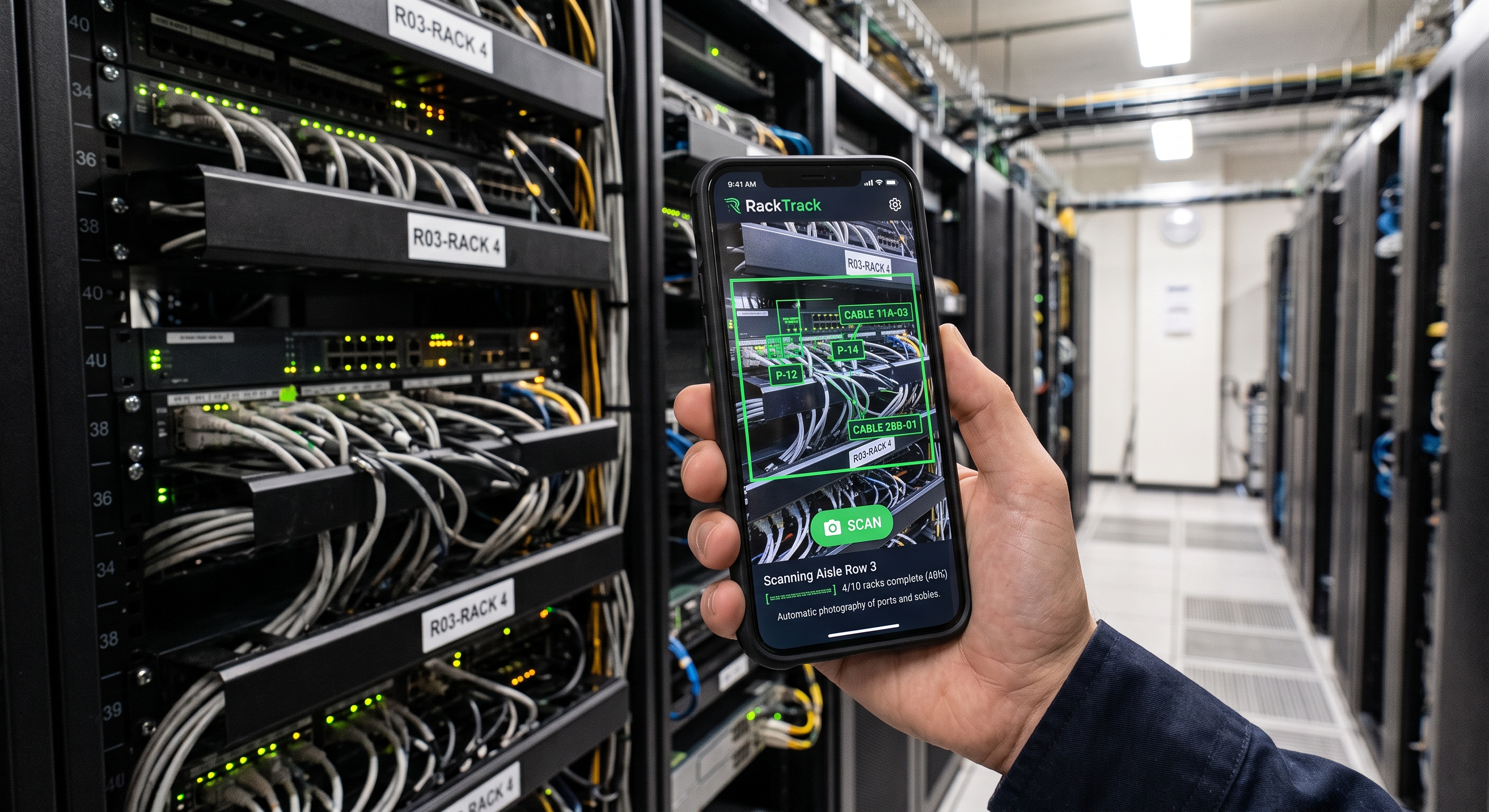 A phone recording a video pan down a rack aisle, later processed by RackTrack to identify cables and ports