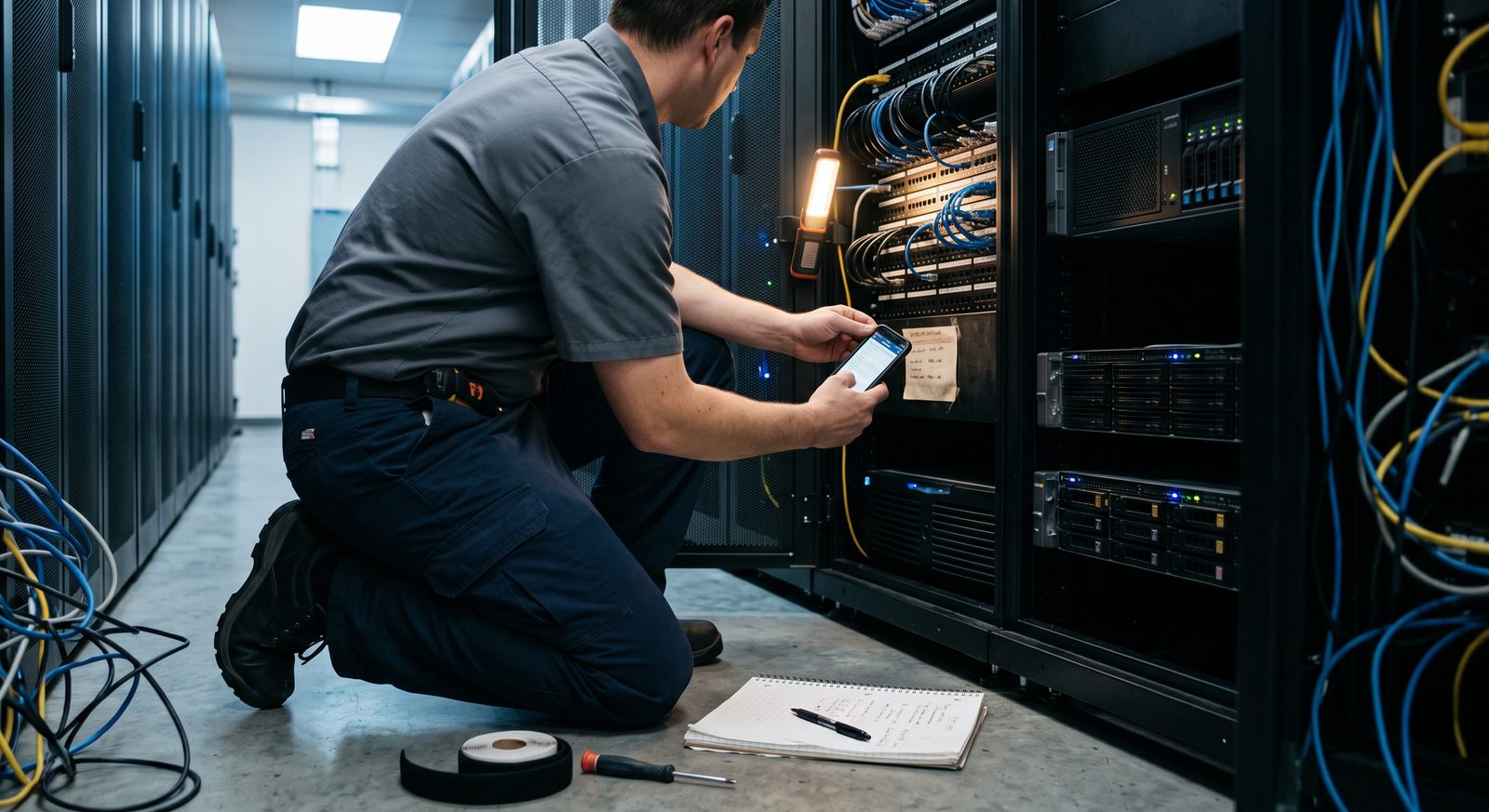 A technician kneeling in front of an open rack, checking a label with a phone