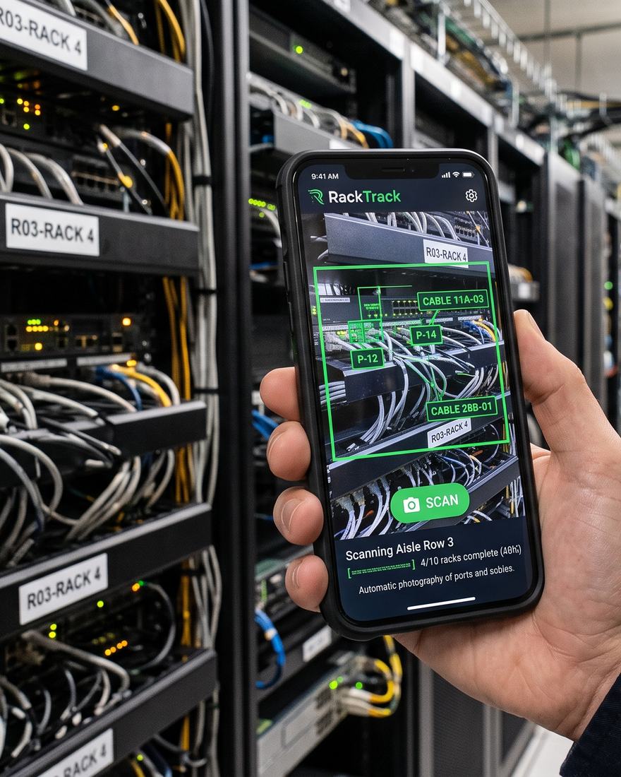 A technician holds a phone running RackTrack up to a rack in a data hall aisle